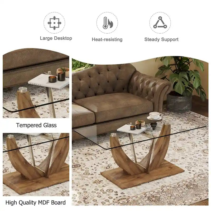 Couchtisch mit gehärteter Glasplatte, MDF-Beinen und Stahlakzenten
