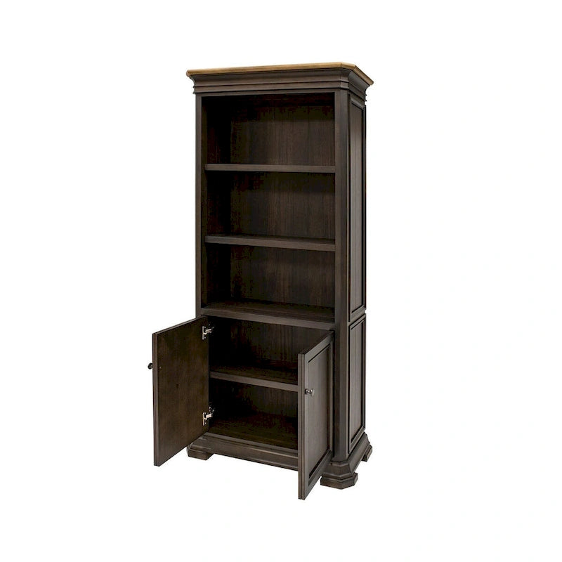 Hohe Executive-Bibliothek mit Türen - dunkles Holzfinish, vollständig montiert