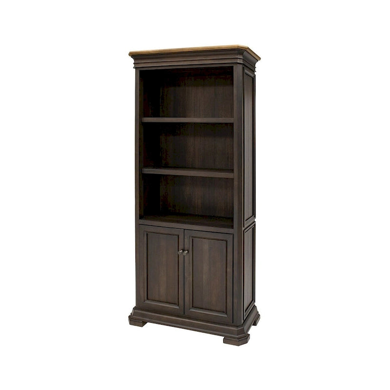 Hohe Executive-Bibliothek mit Türen - dunkles Holzfinish, vollständig montiert