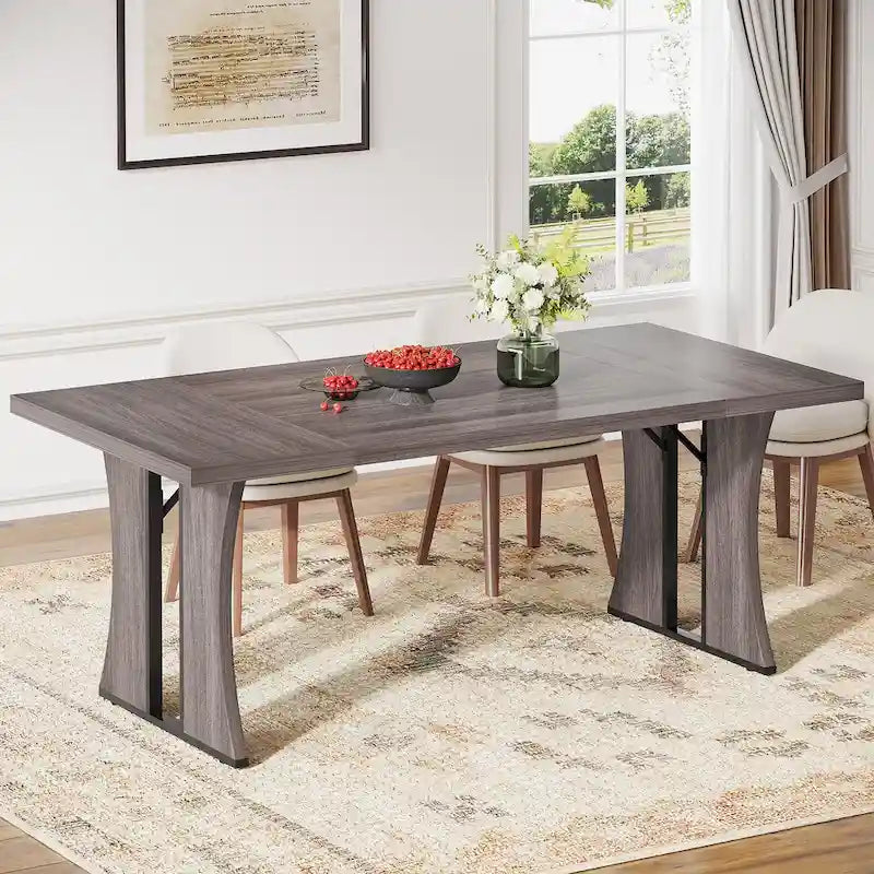 Table de salle à manger de 70.9" de style ferme pour 6 à 8 personnes avec pieds en métal noir