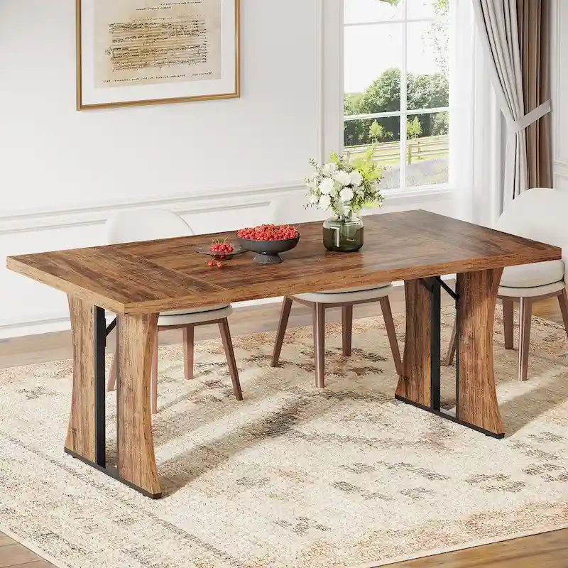 Tavolo da pranzo in stile rustico da 70.9" per 6-8 persone con gambe in metallo nero