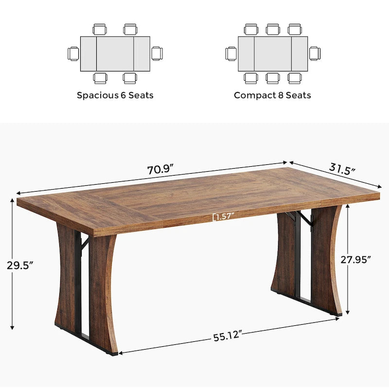 Tavolo da pranzo in stile rustico da 70.9" per 6-8 persone con gambe in metallo nero