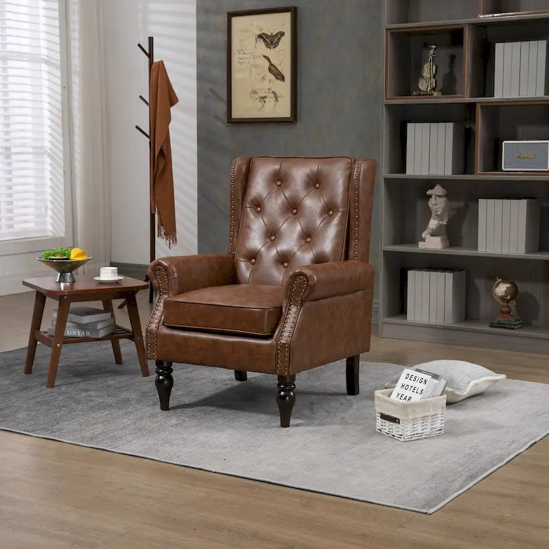 Mid-Century Button Tufted High Back Accent Chair with PU Leather & Solid Wood Legs