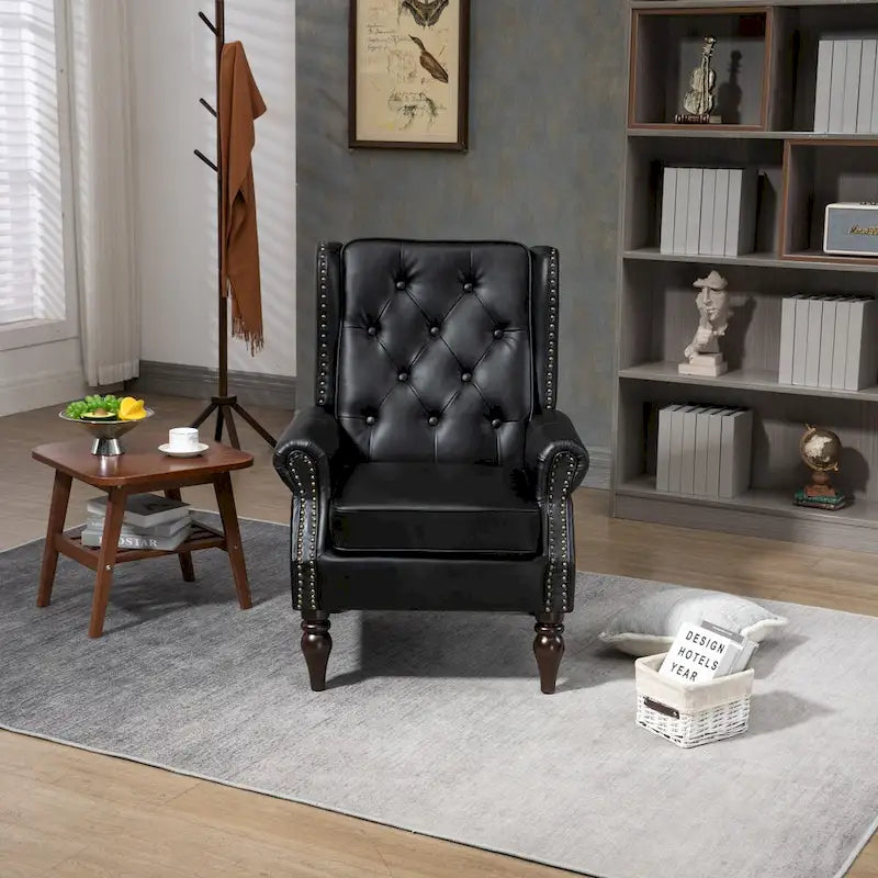 Mid-Century Button Tufted High Back Accent Chair with PU Leather & Solid Wood Legs