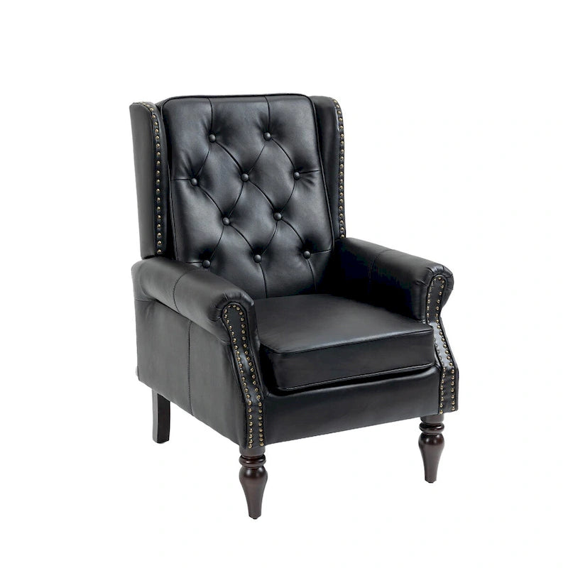 Mid-Century Button Tufted High Back Accent Chair with PU Leather & Solid Wood Legs