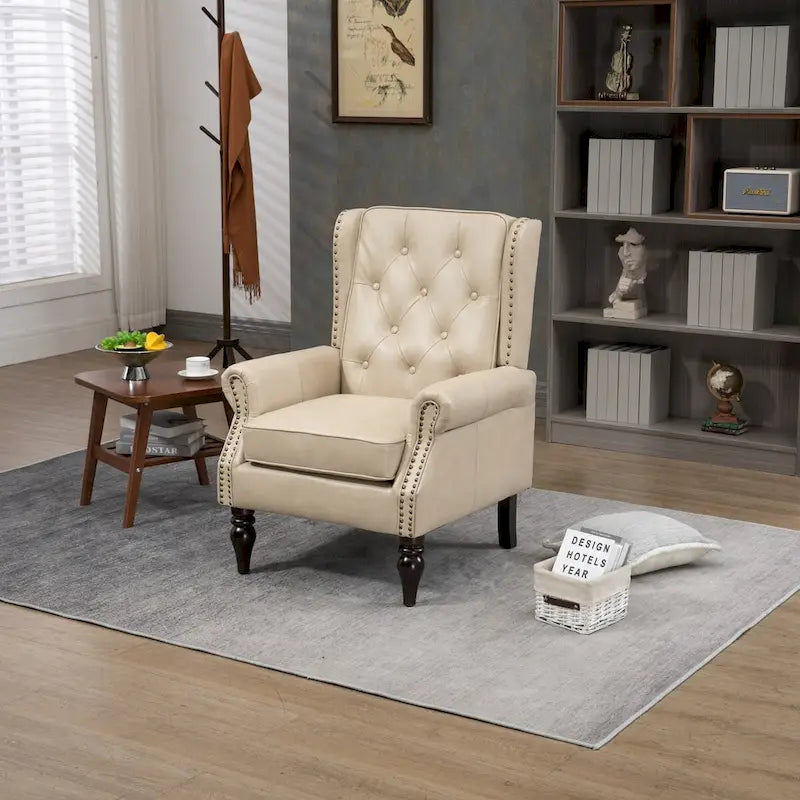 Mid-Century Button Tufted High Back Accent Chair with PU Leather & Solid Wood Legs