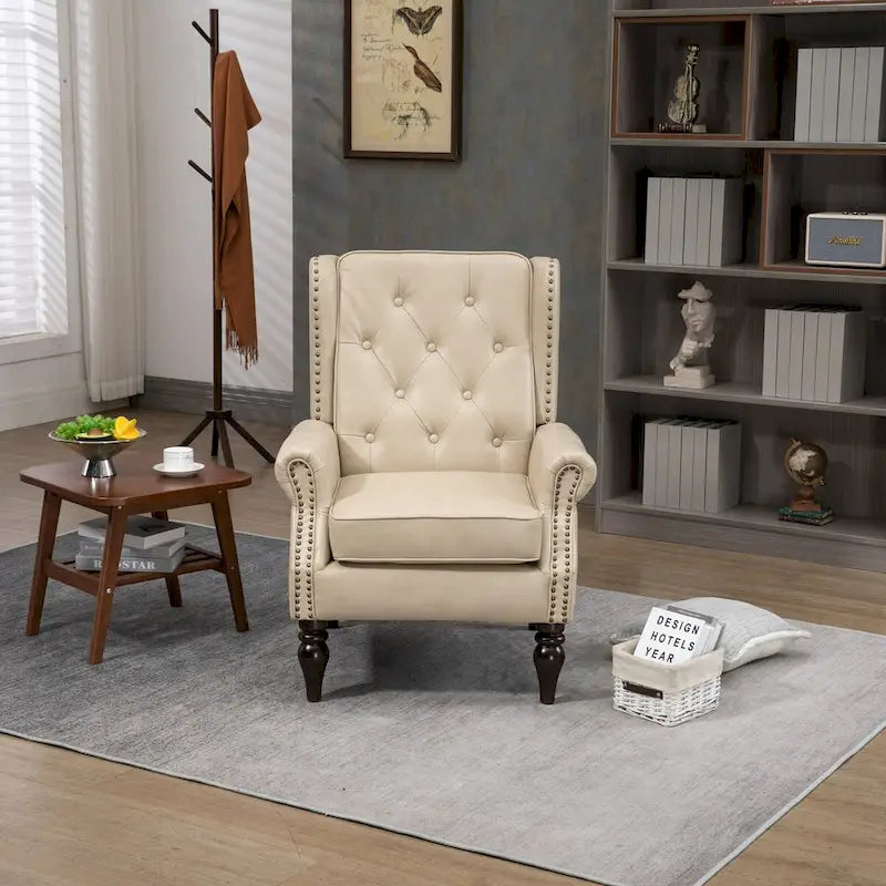 Mid-Century Button Tufted High Back Accent Chair with PU Leather & Solid Wood Legs