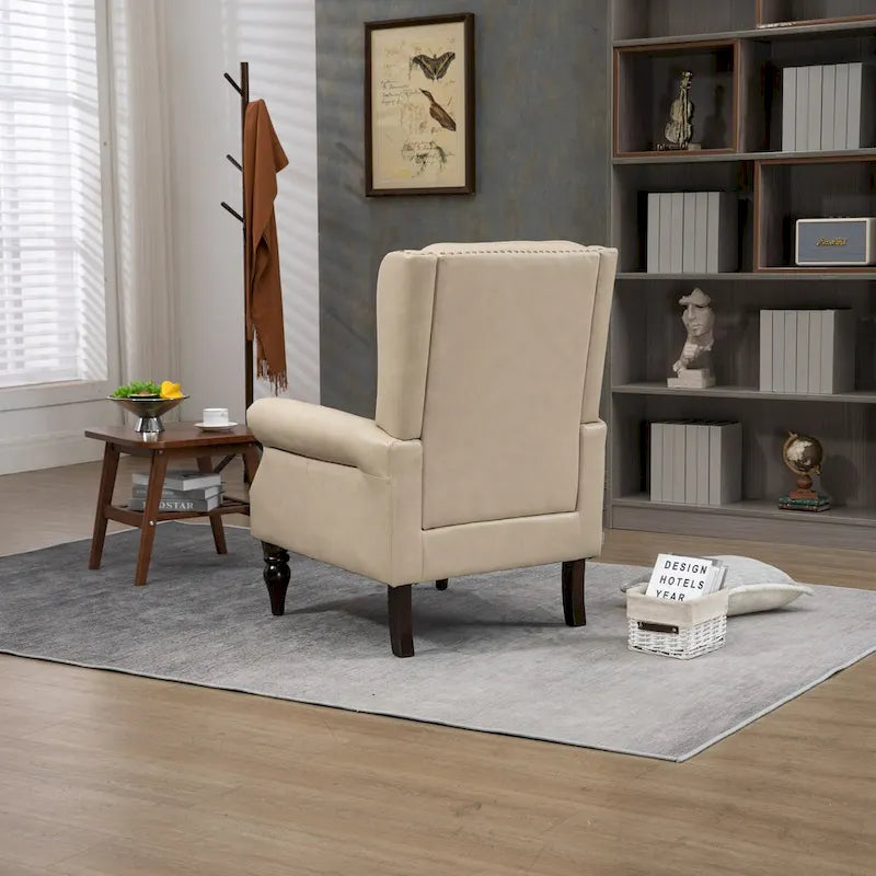 Mid-Century Button Tufted High Back Accent Chair with PU Leather & Solid Wood Legs