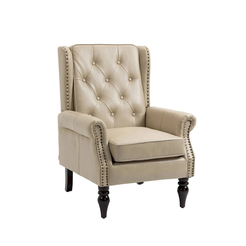 Mid-Century Button Tufted High Back Accent Chair with PU Leather & Solid Wood Legs