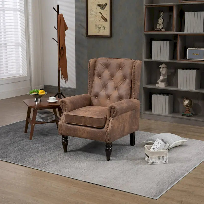 Mid-Century Button Tufted High Back Accent Chair with PU Leather & Solid Wood Legs