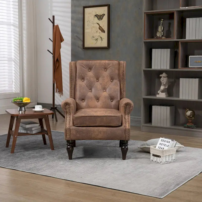 Mid-Century Button Tufted High Back Accent Chair with PU Leather & Solid Wood Legs