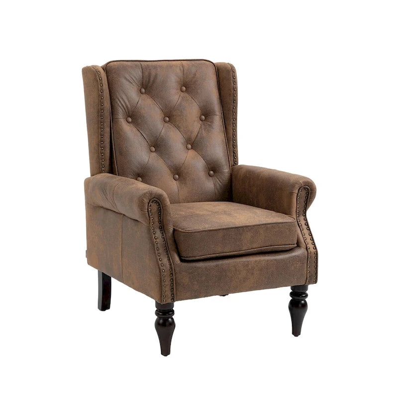 Mid-Century Button Tufted High Back Accent Chair with PU Leather & Solid Wood Legs