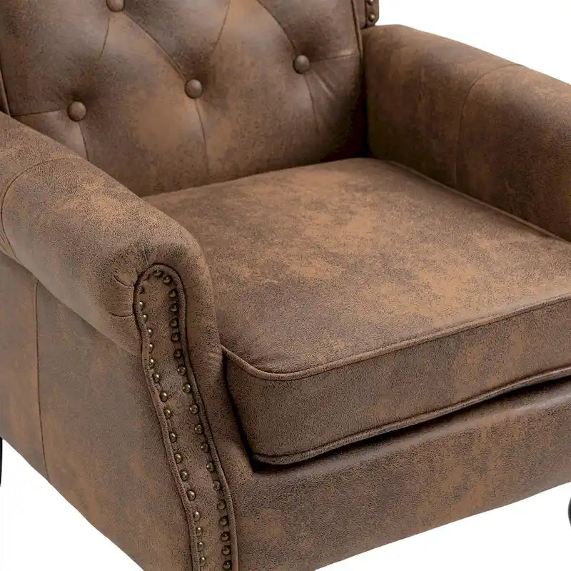 Mid-Century Button Tufted High Back Accent Chair with PU Leather & Solid Wood Legs