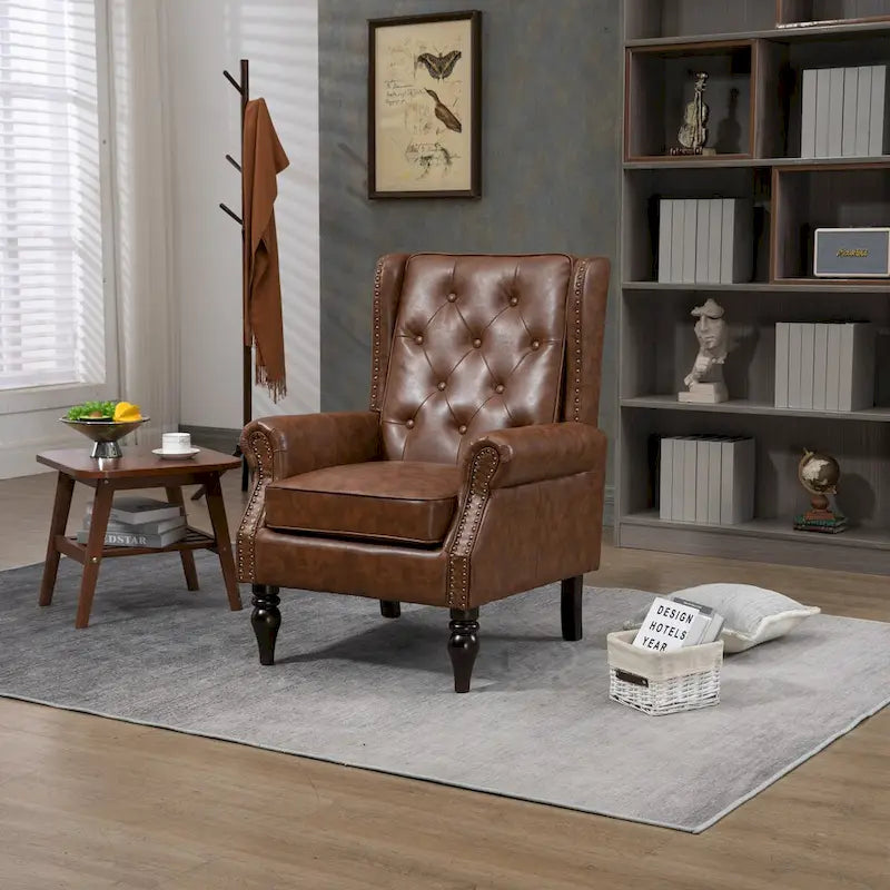 Mid-Century Button Tufted High Back Accent Chair with PU Leather & Solid Wood Legs