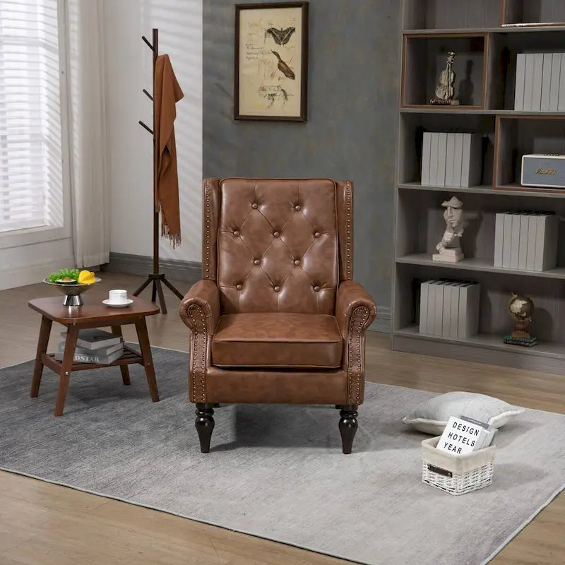 Mid-Century Button Tufted High Back Accent Chair with PU Leather & Solid Wood Legs