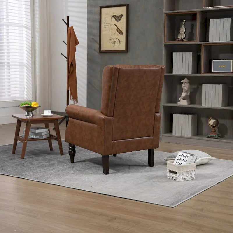 Mid-Century Button Tufted High Back Accent Chair with PU Leather & Solid Wood Legs