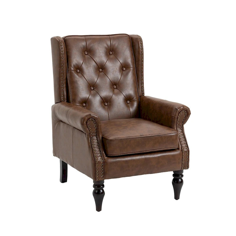 Mid-Century Button Tufted High Back Accent Chair with PU Leather & Solid Wood Legs